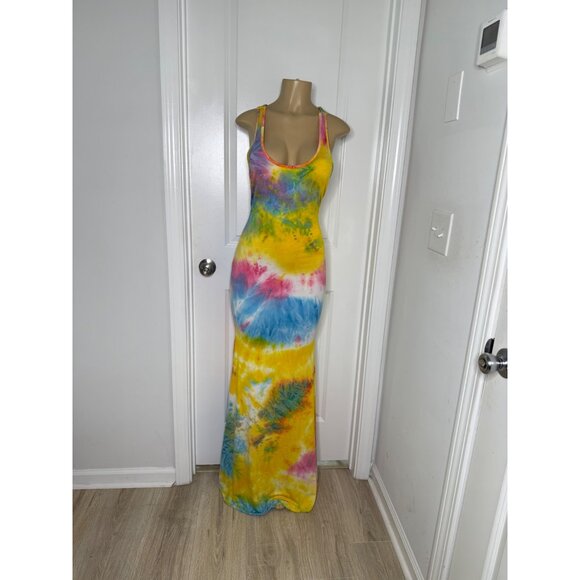Tie-Dye Sleeveless Maxi Dress With Crisscross Back Straps - Multicolor - Picture 1 of 3